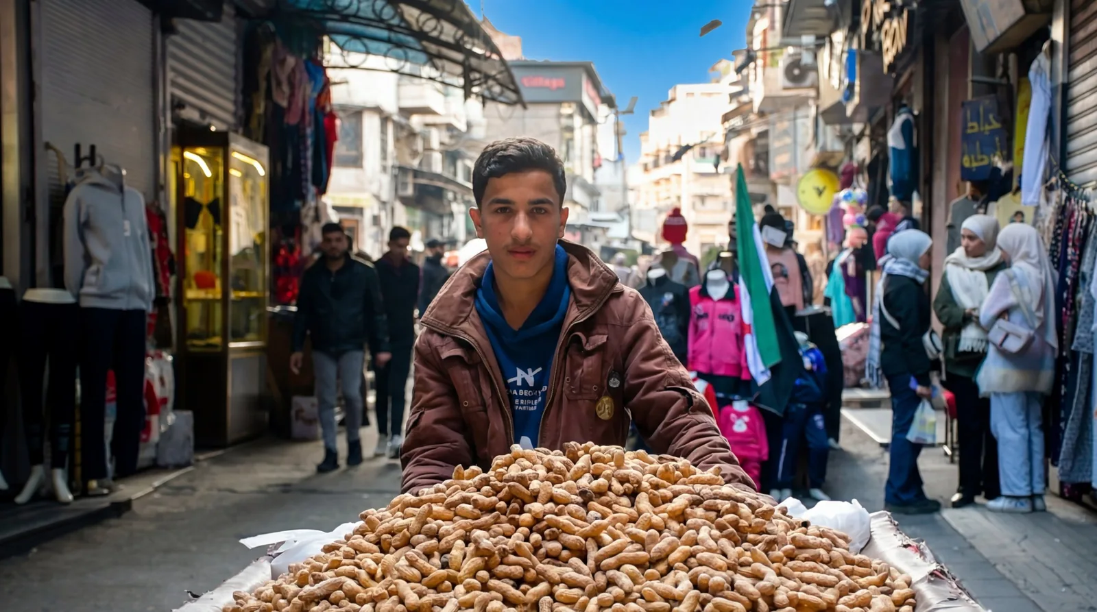 شاب يبيع الفستق في سوق مزدحم